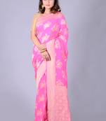 Pink hand woven pure chiffon saree with blouse