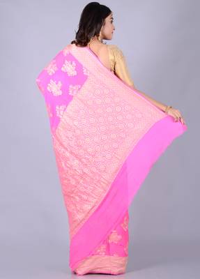 Pink hand woven pure chiffon saree with blouse 2