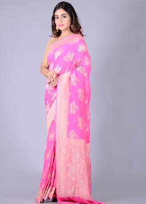Pink hand woven pure chiffon saree with blouse 3