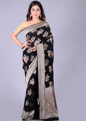 Black hand woven pure chiffon saree with blouse 1