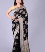 Black hand woven pure chiffon saree with blouse