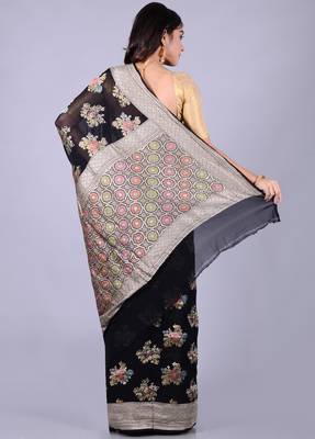 Black hand woven pure chiffon saree with blouse 2
