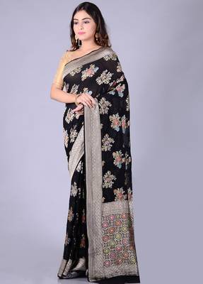 Black hand woven pure chiffon saree with blouse 3