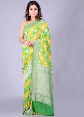 Yellow hand woven pure chiffon saree with blouse 1