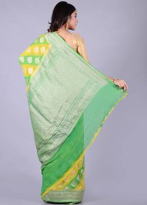 Yellow hand woven pure chiffon saree with blouse 2