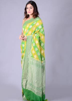 Yellow hand woven pure chiffon saree with blouse 3