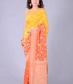 Yellow hand woven pure chiffon saree with blouse