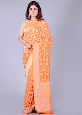 Orange hand woven pure chiffon saree with blouse 1