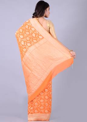 Orange hand woven pure chiffon saree with blouse 2