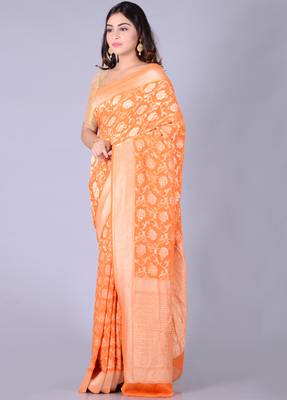 Orange hand woven pure chiffon saree with blouse 3