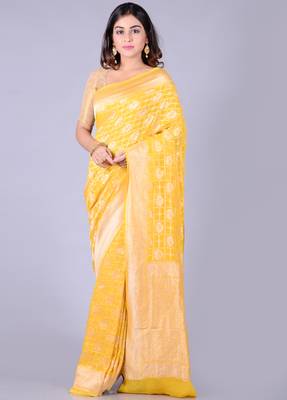 Yellow hand woven pure chiffon saree with blouse 1