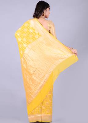Yellow hand woven pure chiffon saree with blouse 2
