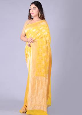 Yellow hand woven pure chiffon saree with blouse 3