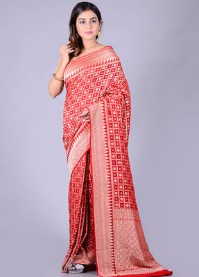 Red hand woven pure chiffon saree with blouse 1