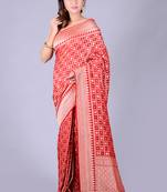 Red hand woven pure chiffon saree with blouse