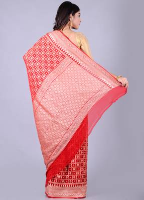 Red hand woven pure chiffon saree with blouse 2