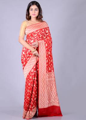 Red hand woven pure chiffon saree with blouse 1