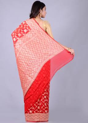 Red hand woven pure chiffon saree with blouse 2