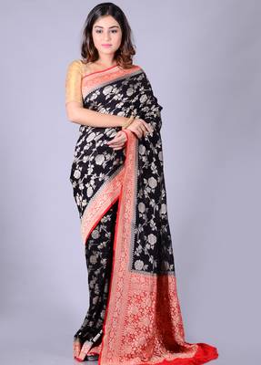 Black hand woven pure chiffon saree with blouse 1