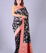Black hand woven pure chiffon saree with blouse