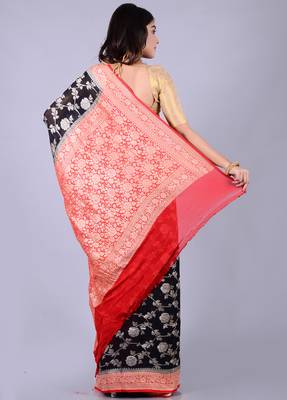 Black hand woven pure chiffon saree with blouse 2