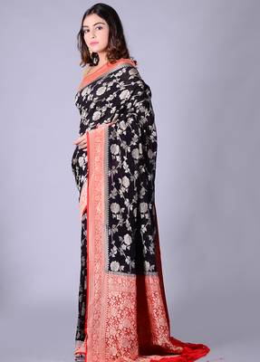 Black hand woven pure chiffon saree with blouse 3