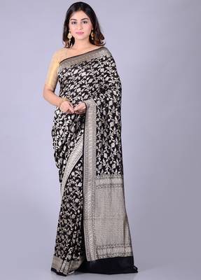Black hand woven pure chiffon saree with blouse 1