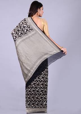 Black hand woven pure chiffon saree with blouse 2