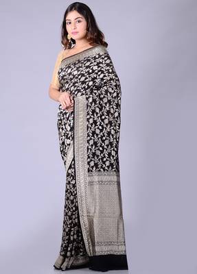 Black hand woven pure chiffon saree with blouse 3