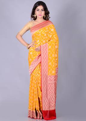 Multicolor hand woven pure chiffon saree with blouse 1