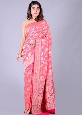 Coral hand woven pure chiffon saree with blouse 1