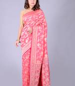 Coral hand woven pure chiffon saree with blouse