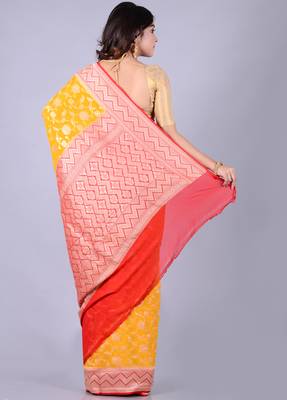 Multicolor hand woven pure chiffon saree with blouse 2