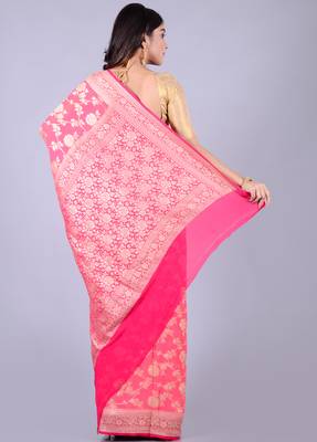 Coral hand woven pure chiffon saree with blouse 2