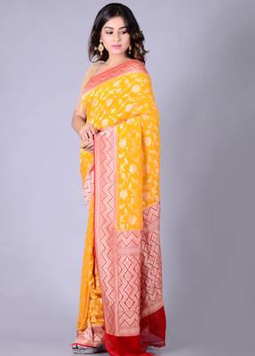 Multicolor hand woven pure chiffon saree with blouse 3