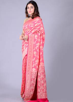 Coral hand woven pure chiffon saree with blouse 3