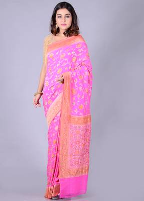 Pink hand woven pure chiffon saree with blouse 1