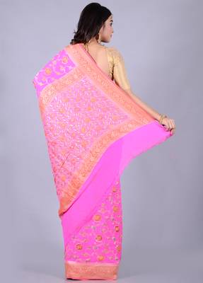 Pink hand woven pure chiffon saree with blouse 2