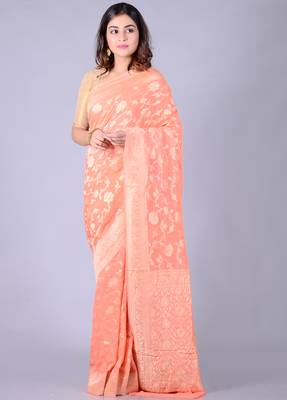 Peach hand woven pure chiffon saree with blouse 1