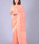 Peach hand woven pure chiffon saree with blouse