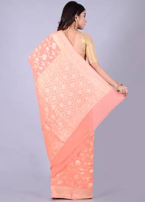 Peach hand woven pure chiffon saree with blouse 2