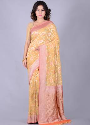 Multicolor hand woven pure chiffon saree with blouse 1