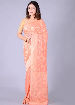 Peach hand woven pure chiffon saree with blouse 3
