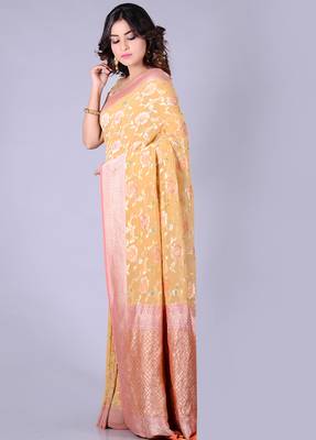 Multicolor hand woven pure chiffon saree with blouse 3