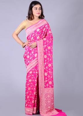 Pink hand woven pure chiffon saree with blouse 1