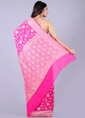 Pink hand woven pure chiffon saree with blouse 2