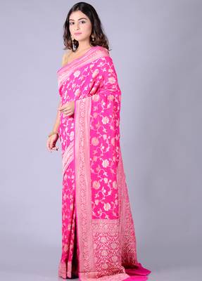 Pink hand woven pure chiffon saree with blouse 3