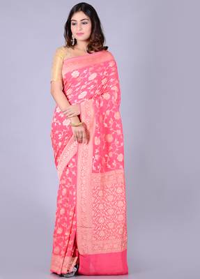 Coral hand woven pure chiffon saree with blouse 1