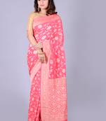 Coral hand woven pure chiffon saree with blouse