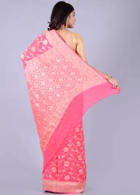 Coral hand woven pure chiffon saree with blouse 2